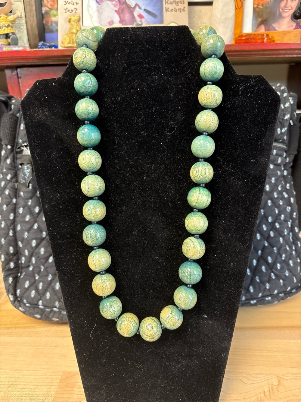 Vintage Green/Teal Wooden Beaded Necklace 24”